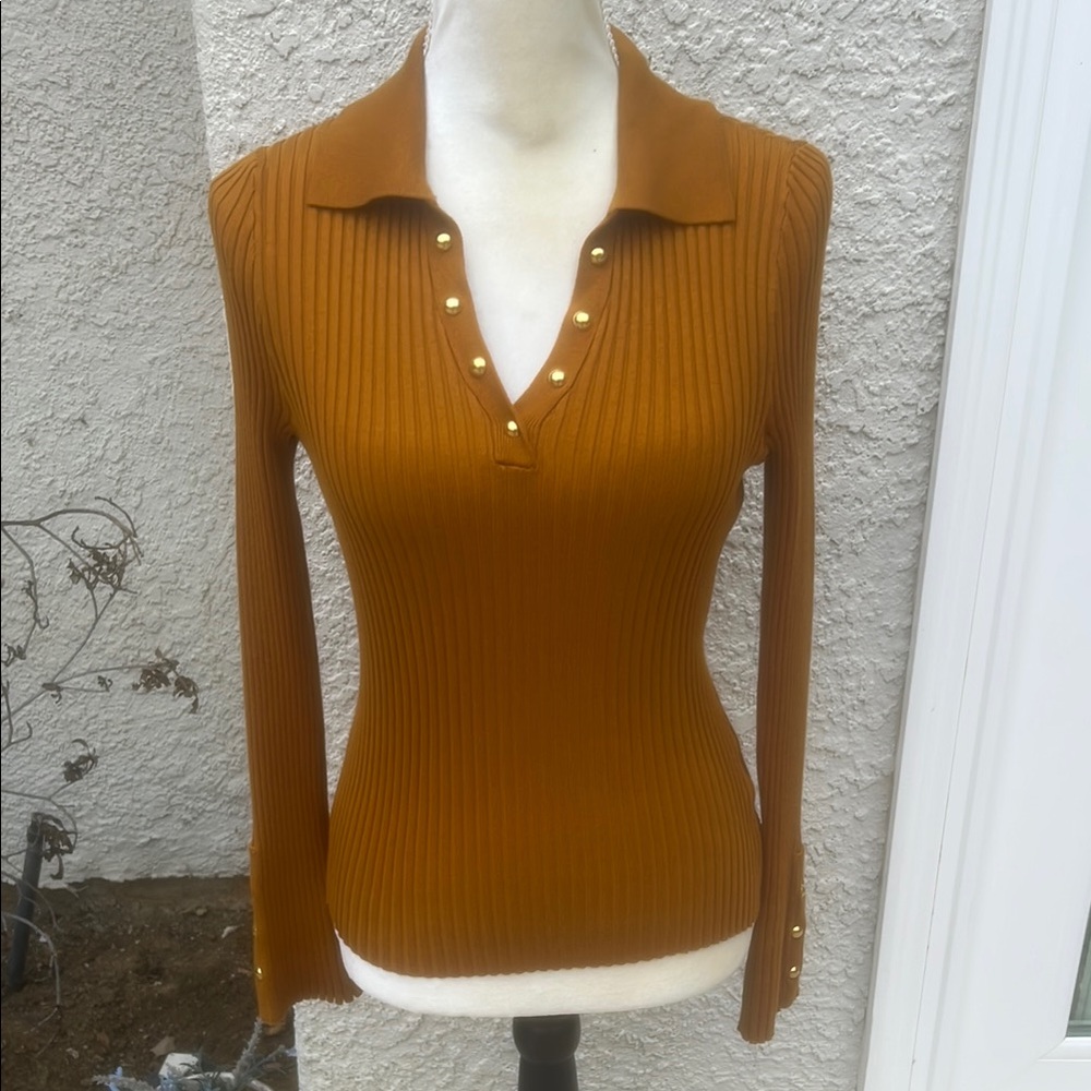 Belldini Flared Sleeve Johnny Collar Boho Sweater Arrowood Gold Women Size S NWT